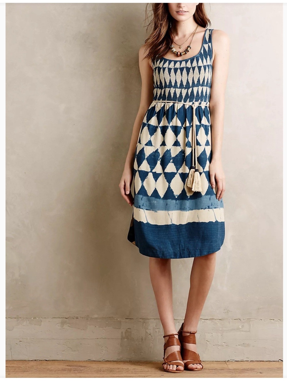 Anthropologie MAEVE Smocked Tank Midi Dress with Pockets & Tassel Belt Size 6